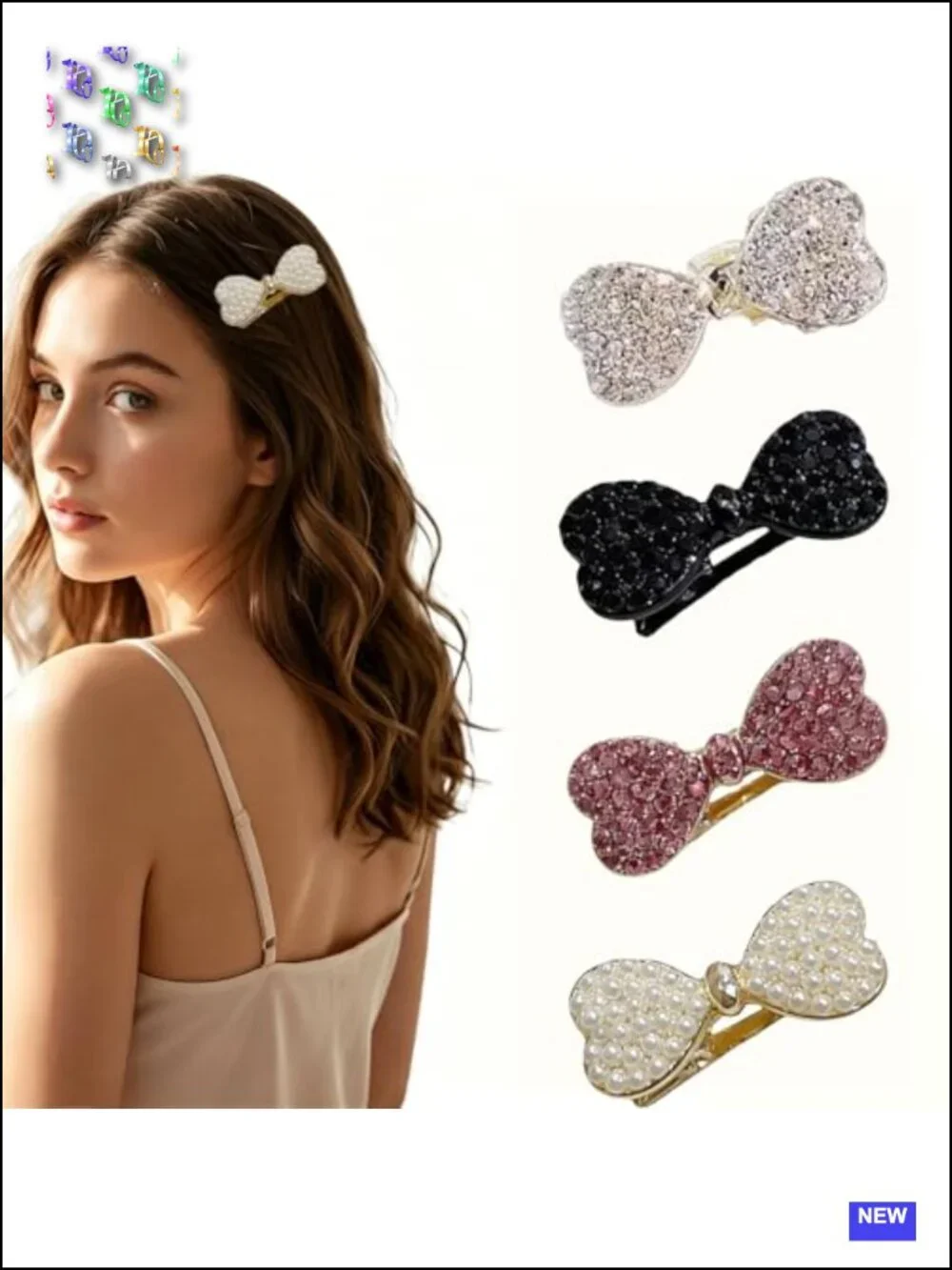 Set of 10 Bow Hair Clips, Pearl & Rhinestone Barrettes for Wedding Party